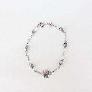 Tory Burch Miller Pave Logo Cultured Pearls Bracelet Silver OS